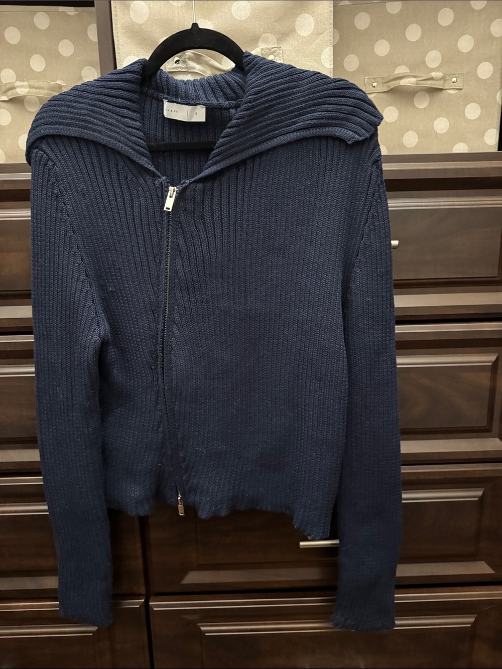 Navy Ribbed Zip-Front Women’s Sweater with Fold-Over Collar